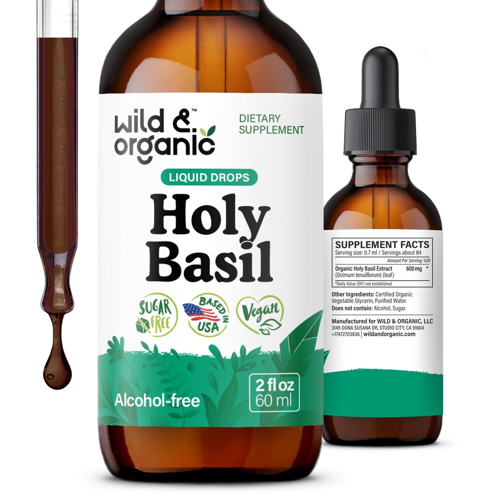 Salbatica si organica Holy Basil Leaf Tinctura - Relaxare, liniste, suport de dispozitie - Tulsi Holy Basil Supplement - Vegan, Sugar & Alcohol-Free Herb Extract picături - 2 fl oz
