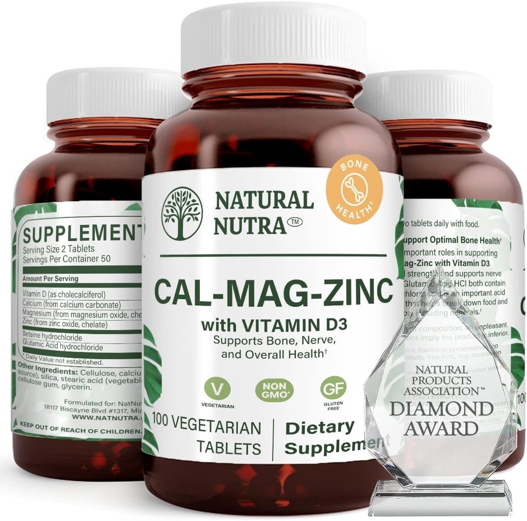 Natural Nutra calciu magneziu Zinc Supliment cu vitamina D3 pentru os și forță musculară, promovează sănătatea nervoasă, crește digestia, Gluten gratuit, zahăr fără, 100 comprimate (Pachet de 2)
