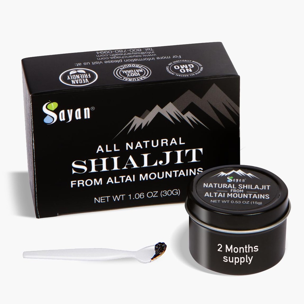 Sayan Pure Altai Shilajit Resin - 15 Grams, 2 Luna de aprovizionare - Eficacitate mare Organic Acid fuzelian Supliment pentru femei și bărbați pentru a sprijini sistemul imunitar, energie, & detox - Vegan, non-GMO