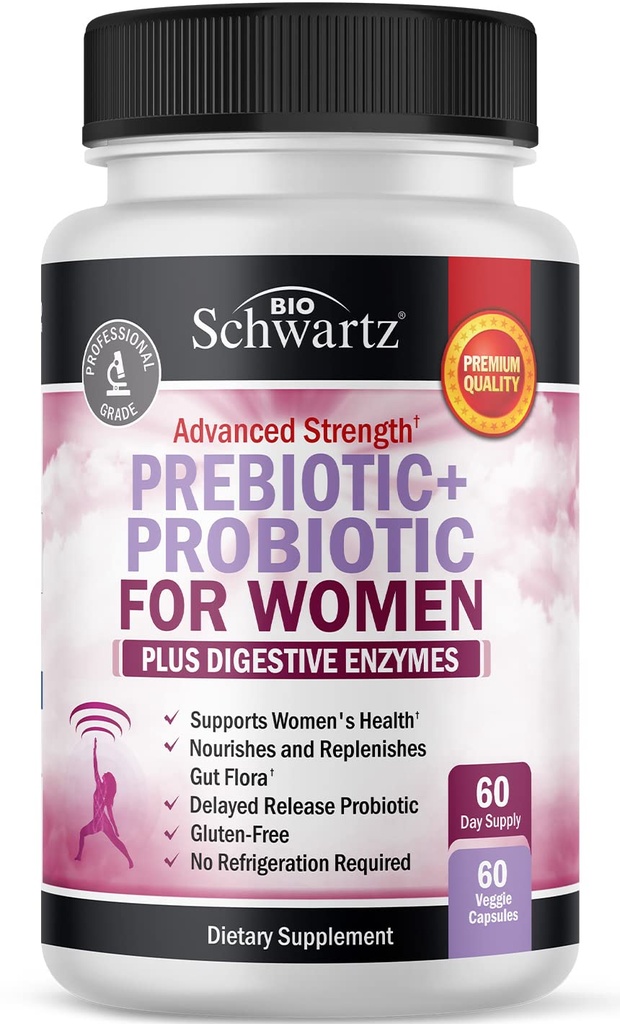 Prebiotice și Probiotice pentru femei - cu negru Cohosh și roșu Clover pentru Gut, Vaginal și Immune Health Support, întregi alimente Digestive Enzime Capsule, Lactobacillus Probiotic Supliment, 60 Conte