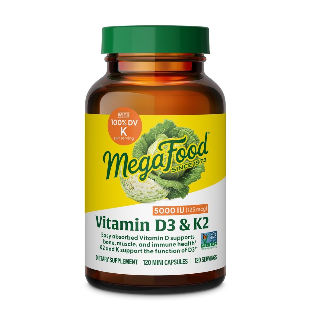 Megafood Vitamina D3 5000 UI (125 mcg) - Suplimente vegetariane cu vitamina D3 K2 - Sprijină oasele, dinții, mușchii și sănătatea imună - certificate non-GMO - 120 Mini capsule, 120 Serviri