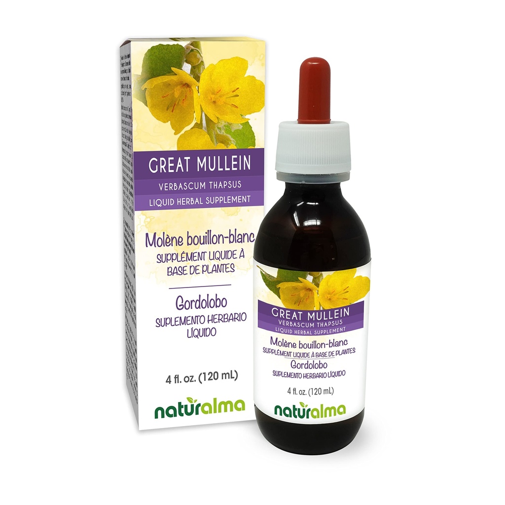 Naturalma Great Mullein sau Mullein comun (Verbascum tapsus) Floare și frunze de alcool - 4 fl oz Extract lichid în picături - Supliment vegetal - Vegan