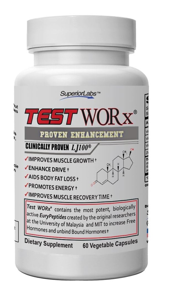 Superior Labs Test Worx Testosteron naturale Booster Supliment cu clinic dovedit LJ100 și 8 Alte ingrediente puternice - Creșterea vizibil în energie, rezistență, recuperare, somn și stare de spirit