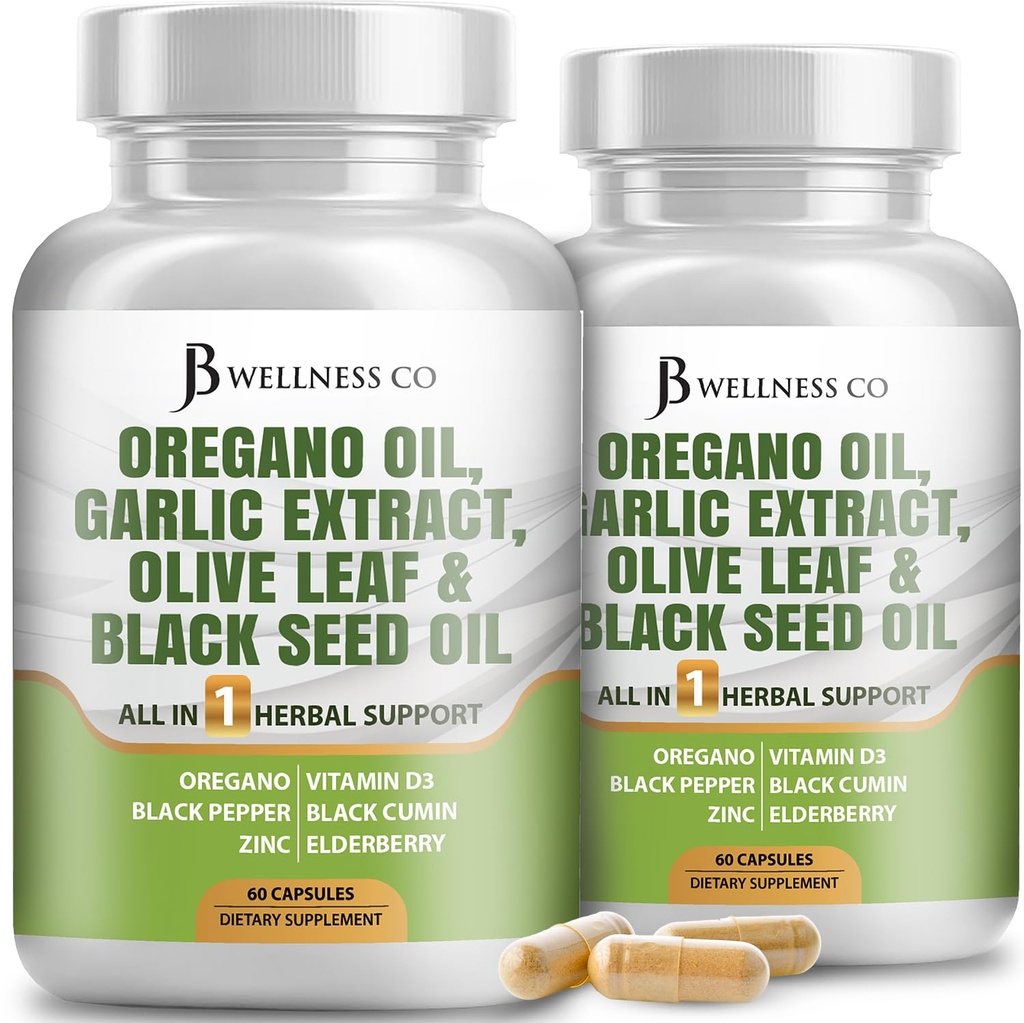 JB Wellness Oregano ulei, extract de usturoi, frunze de măsline, cu Astragalus - Immune Support & Digestive Health Supplement for Women and Men - 120 Count