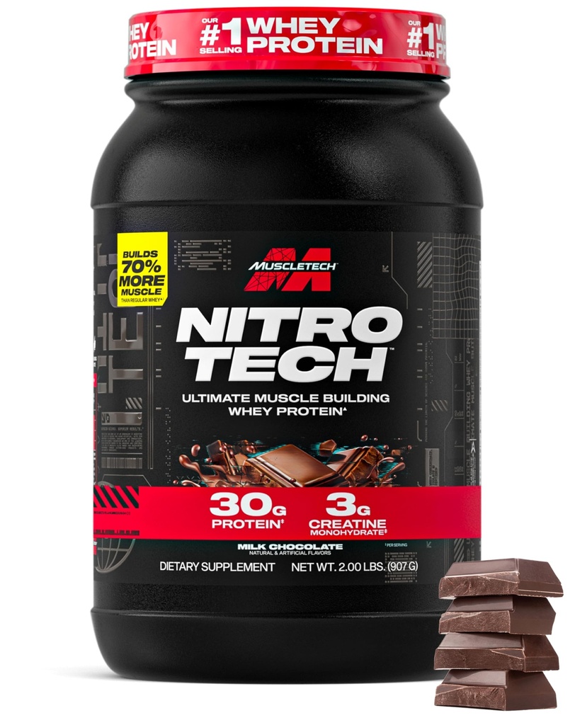 Muscletech Whey Proteine Powder (Milk Chocolate, 2 Pound) - Nitro-Tech Ultimate Muscle Building Formula cu Whey Protein Izolat - 30g de proteine, 3g de Creatină & 6.8g de BCAA - ambalare mai Vary