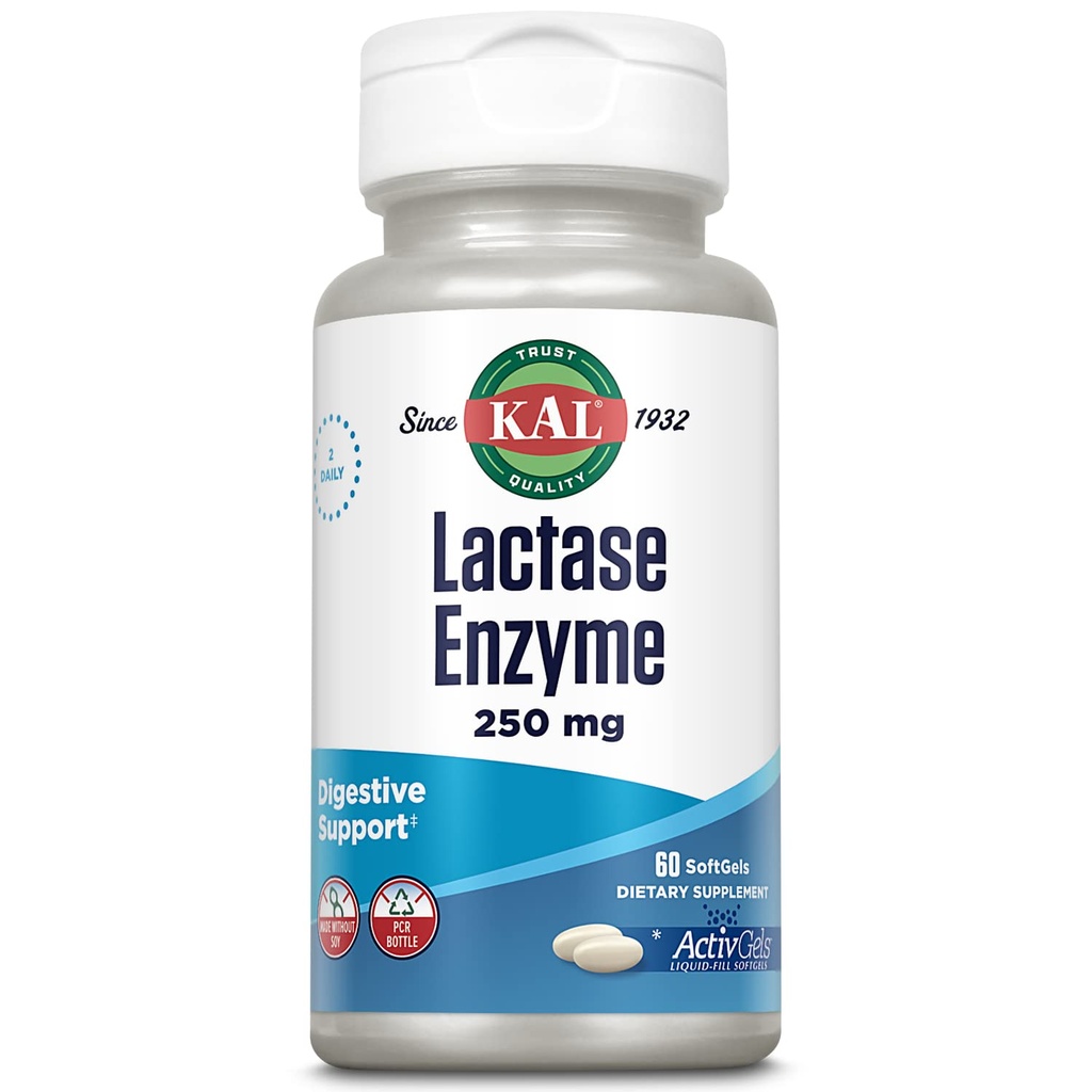 KAL Lactase Enzime 250 mg, Suport de digestia sanatoasa pentru intoleranta la lactoza, ActivGeluri cu lichid realizate fara soia, 250 Unitati FCC, 30 Serviri, 60 SoftGels