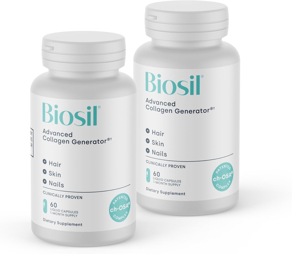 Biosil Colagen Booster Supliment - 60 capsule lichide, ambalaj de 2 - brevetat ch-OSA Activator pentru piele, păr, unghii și articulații - Sprijină producția naturală - 60 de zile de aprovizionare
