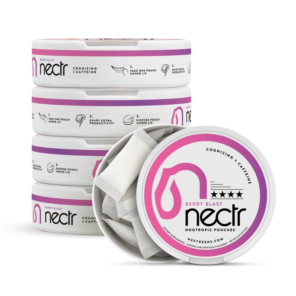 Nectr Energy Nootropic Pouchs  Brain Treats fără zahăr. Smooth, Se sustine Focus & Suplimentul energetic - 5 Pucuri de 16 buc