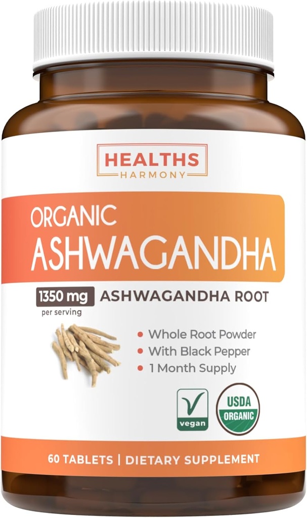 USDA Organic Ashwagandha Supliment - pastile de înaltă potenţă Ashwagandha fabricate cu Pepper negru organic pentru absorbţie îmbunătăţită - Vegan non-GMO fabricate în SUA & Lab verificate (1 luni de aprovizionare)