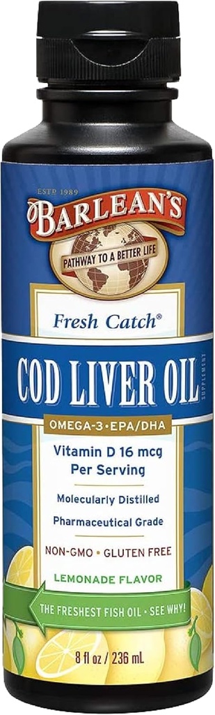 Barlean Cod Ulei de ficat de ulei lichid, Omega 3 ulei de pește cu 900mg EPA și DHA Plus Vitamina D, Suplimente pentru comun, Brain, și de asistență pentru sănătate cardiacă, Aroma de limonadă, 8 oz