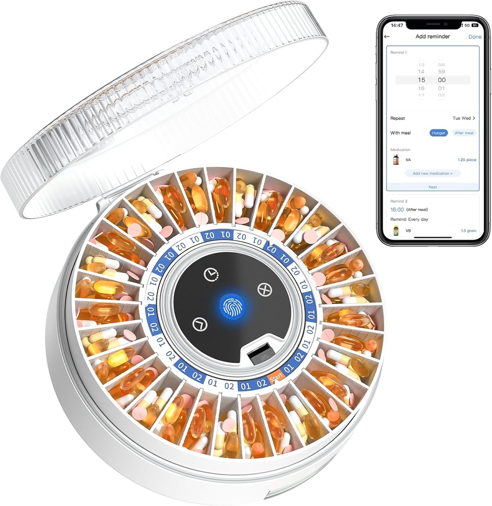 Zoksi Premium 31-Slot Automatic Pilula Dispenser cu Fingerprint & Key Lock, Smart Medication Organizator cu Alarm & Light, Electronic Pill Organizator pentru Vârstnici & Uitare