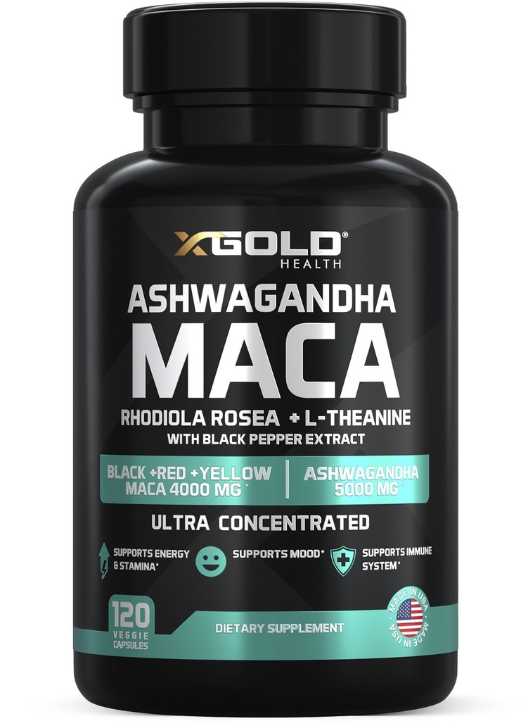 Ashwagandha 5000mg + Maca Root Black, Red, Yellow 4,000mg, Rhodiola & L-Theanine: 30:1 Extract capsule Ashwagandha, 20:1 Extract capsule rădăcină Maca - Supliment pentru bărbați și femei