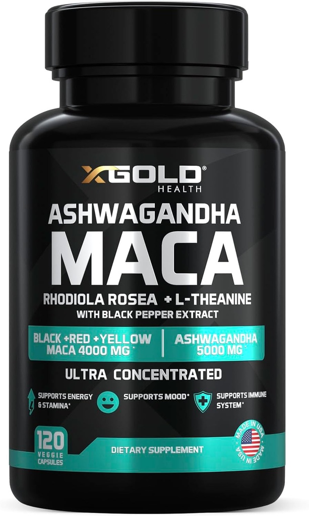 Ashwagandha 5000mg + Maca Root Black, Red, Yellow 4,000mg, Rhodiola & L-Theanine: 30:1 Extract capsule Ashwagandha, 20:1 Extract capsule rădăcină Maca - Supliment pentru bărbați și femei