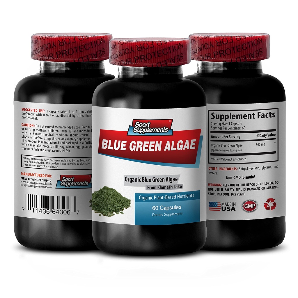 Pure Herbal Supplement - Klamath albastru verde Algae 500mg - Creșterea nivelului de energie, îmbunătățirea digestia și îmbunătățirea sistemului imunitar, spirulina, chlorella, Klamath albastru Algae pulbere verde - 1B 60 capsule