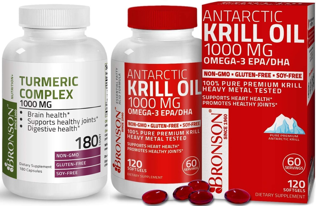 Bronson Curcumin Turmeric cu suport comun BioPerine High Potence Premium + Bronson Antarctic ulei de krill 1000 mg cu Omega-3s EPA, DHA