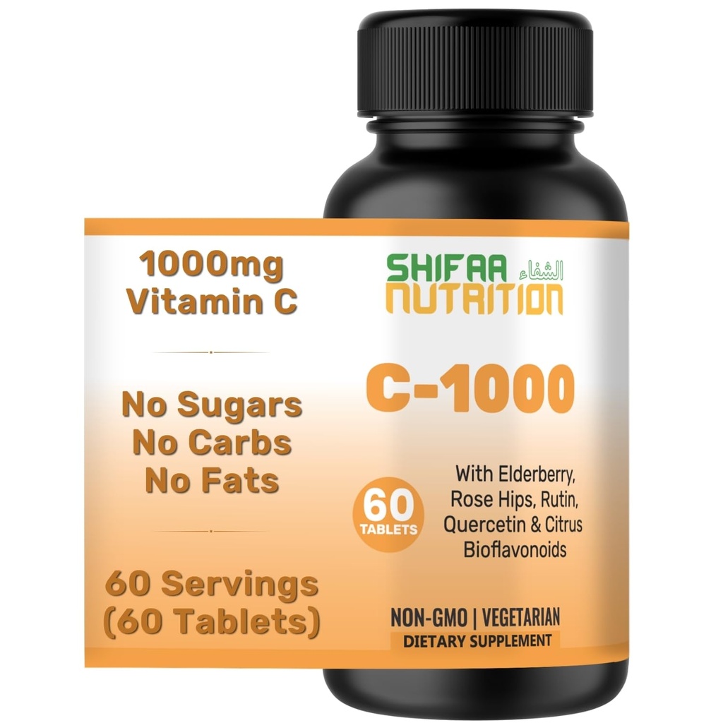 SHIFAA NUTRIŢIE Halal Vitamina C-1000 mg comprimate, 60 zile de aprovizionare. Suport imun suplimentar cu vitamina C, elderberry, Querbetin, Rose Hips & Rutin. Vegetarian, Non-GMO, Sugar Free & Keto Friendly