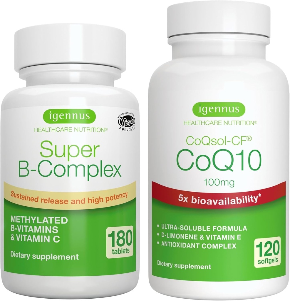 Super B- Complex 180 comprimate + mare absorbţie CoQ10 100mg 120 Softgels Energie Bundle, metilat susţinut de eliberare B Complex + CoQ10 cu vitamina E & D-Limonen, de Igennus