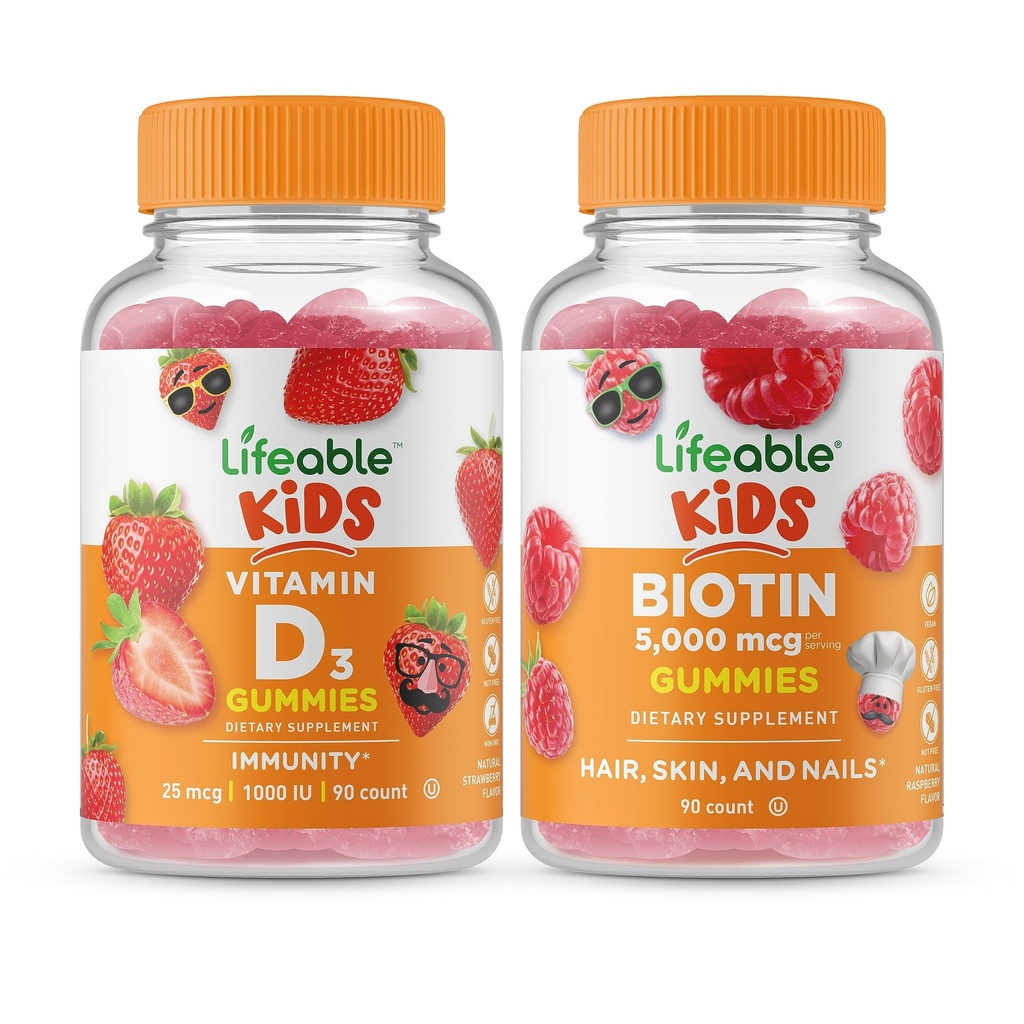 Vitamina D Lifeable Copii + Biotin Copii, Gume Bundle - mare Tasting, Supliment de vitamine, Gluten gratuit, OMG gratuit, Gummy masticabil