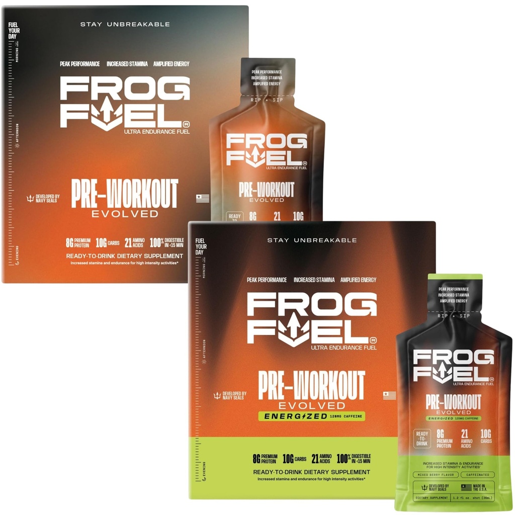Frog Fuel Ultra & Ultra Energized Pre Workout Shot Bundle cu 1500mg Beta Alanine, Electroliti 8g Proteine Nano-Hydrolyzed Grass Fed Colagen, 10g Carbs, Berry, 1.2 oz Pachete, 48 Pack