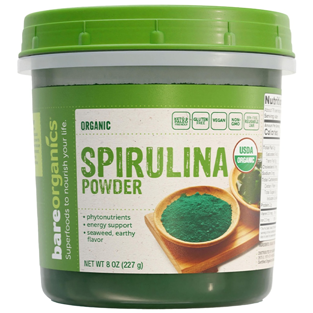 BareOrganics SPIRULINA Powder (Raw - Organic), 8 uncii (pachet de 1)