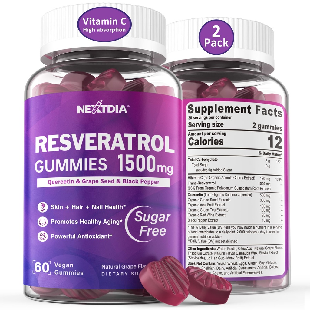 Suplimentul Resveratrol 1500mg - Gumiile Resveratrol Supports NAD+, NMN & NMNH Synergy, cu Querbetin, Seminte de struguri, Acai Berries extracte pentru antioxidant, Aging sănătos & longevitate, Piele, Brain - 2Pcs