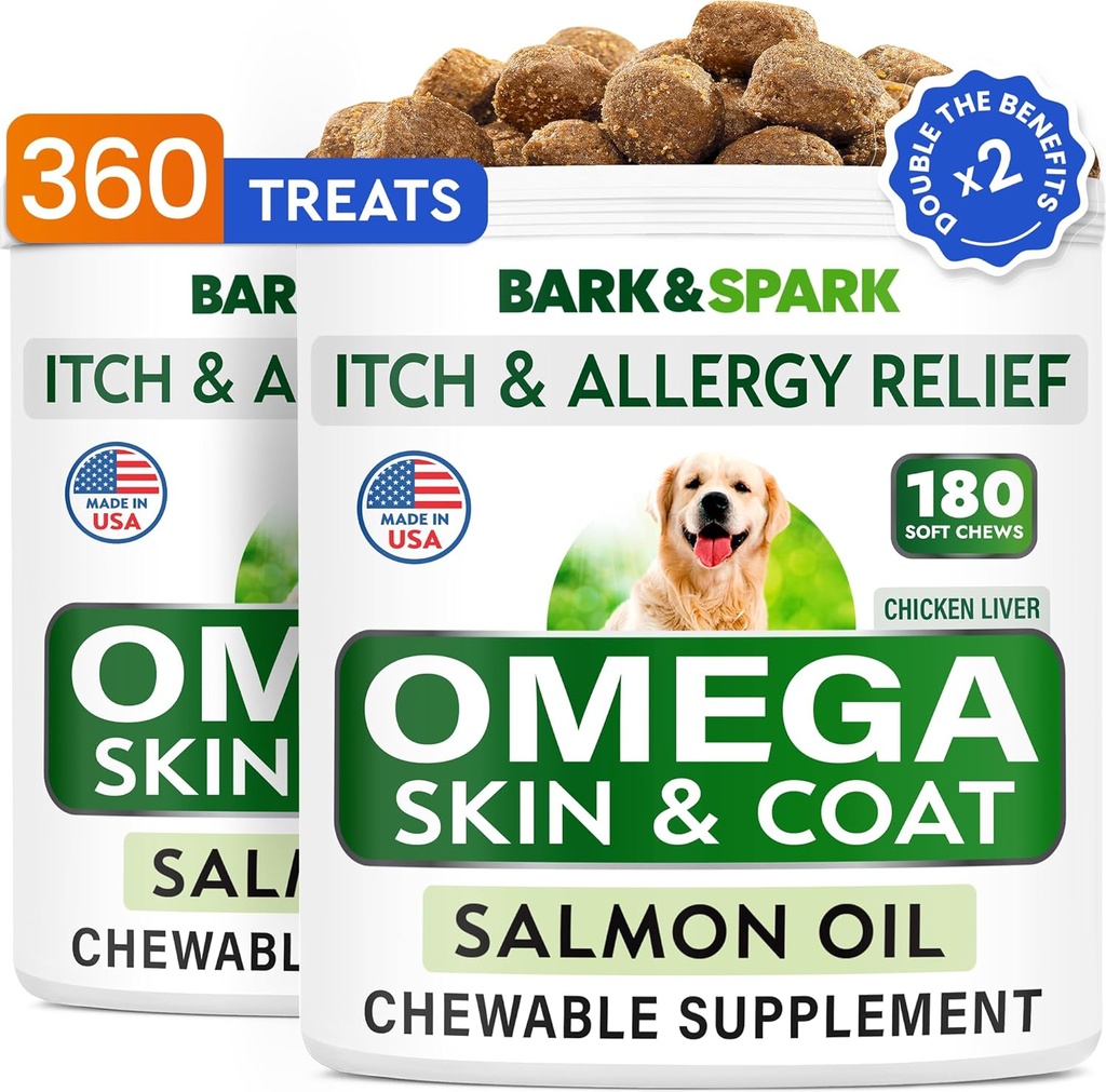 BARK&SPARK (Pachetul de 2 Omega 3 pentru câini - 360 Chews ulei de pește pentru vărsarea câinilor, alergii cutanate, relief mâncărime, tratament pete fierbinți - sănătate comună - Skin & Coat Supplement - EPA&DHA Acidi grași