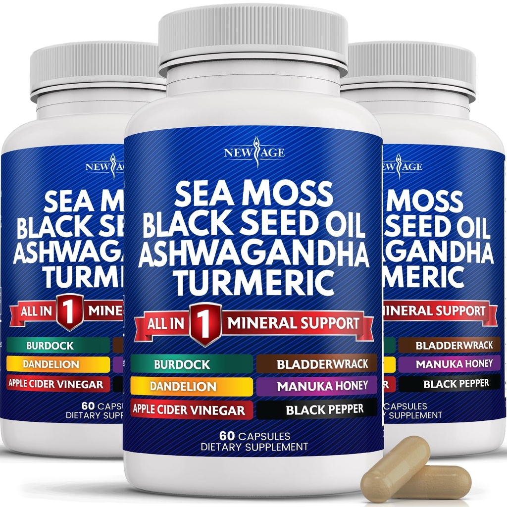 New Age Siliciu Sea Moss, Black Seed Oil, Ashwagandha, Turmeric, Bladderwrack, Braddock - cu Manuka, Honey Dandelion, ACV Black Pepper Gluten gratuit
