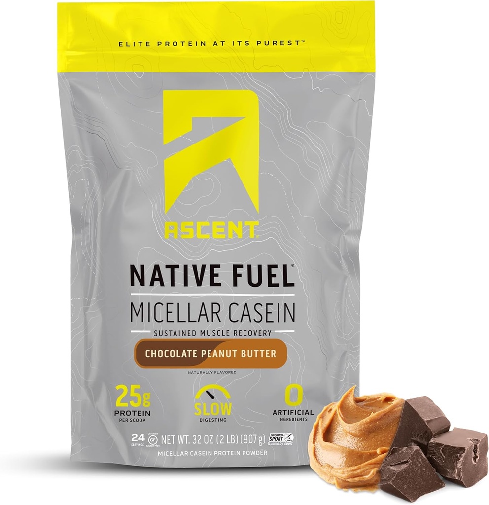 Ascens Casein Proteine pulbere - 25g Micellar Casein pulbere cu zero arome artificiale & îndulcitori, gluten gratuit, fără adaos de zahăr, 4,9g BCAA, 2.2g Leucine - Unt de arahide de ciocolată, 2 lire