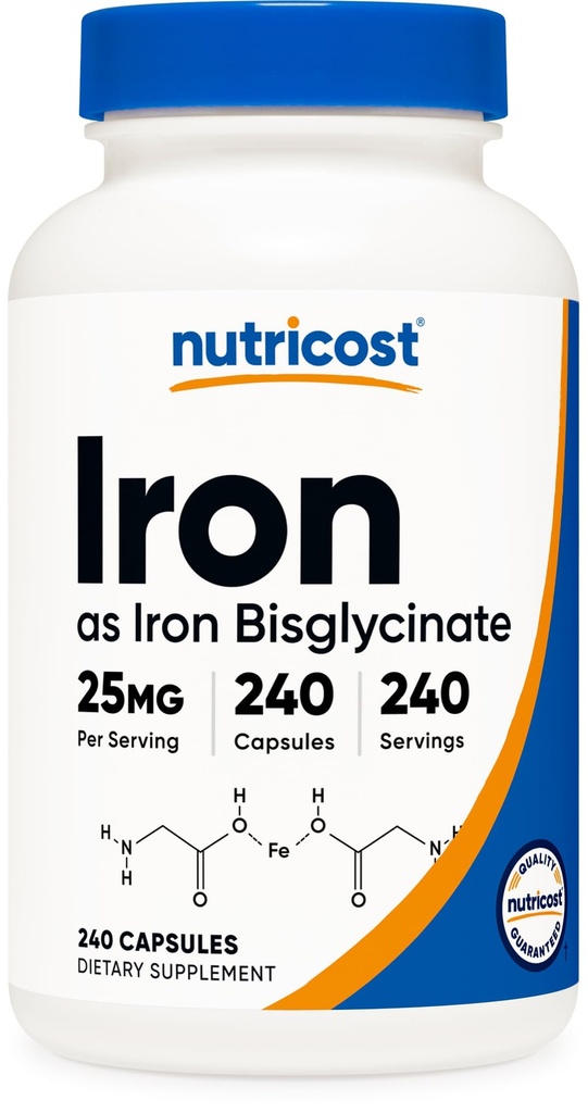 Nutricost Suplimentul Bisglicinat de Fier (25 mg) 240 Capsule - de la Chelat de Bisglicinat Ferous - Ne-GMO & Gluten-Free
