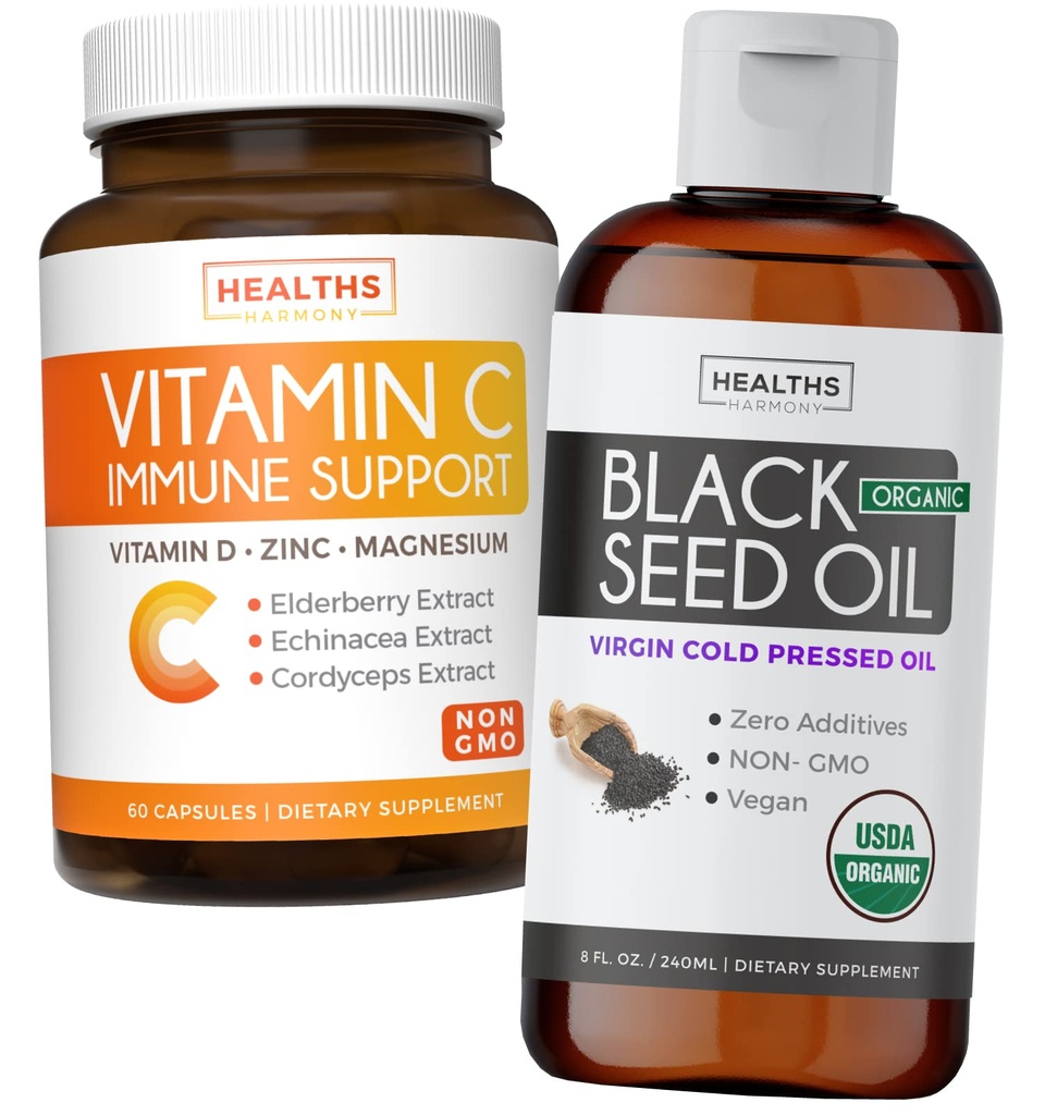 Bundle of Black Seed Oil Liquid & Vitamina C - Imunity Fusion Booster Pack - Organic Black Seed Seed Oil Liquid (8fl oz) Premium C-Pressed Nigella Sativa & Vitamin C Immune Support (Non-GMO)(60 Capsule)