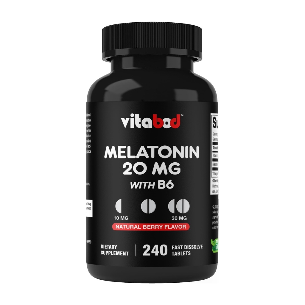 Vitabod Melatonin 20 mg - 240 comprimate de dizolvare rapidă - fără medicamente - aroma naturală de Berry - vegetarian, non-GMO, fără gluten 240 Count (Pachet de 1) (240 Conte (Pachet de 1))