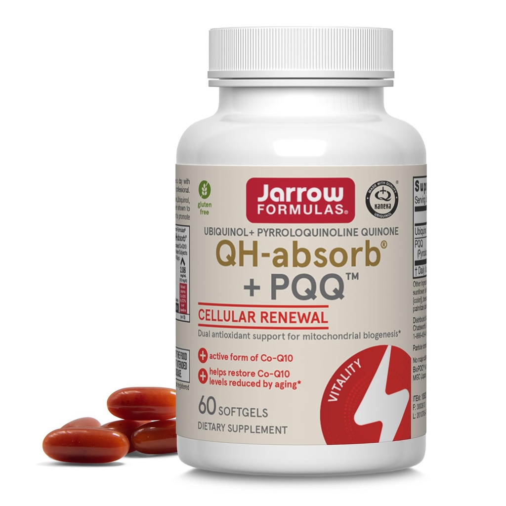 Jarrow Formulas QH-Absorb + PQQ - 60 Softgels - Sprijină Biogeneza Mitocondrială, Producţia de energie şi Sănătatea cardiovasculară - Până la 60 Servings