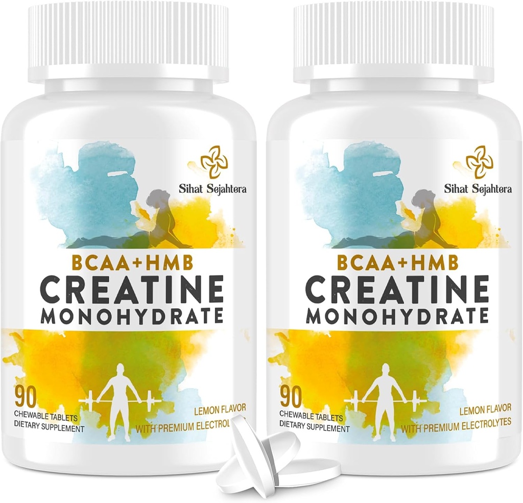 8-in-1 Creatin Monohidrat cu BCAA & HMB, 5000 mg pentru bărbaţi şi femei, Creatine Chews for Muscle, Recovery, Endurance & Force, High Absorbtion, Lemon Flavor, Sugar-Free, 180 comprimate