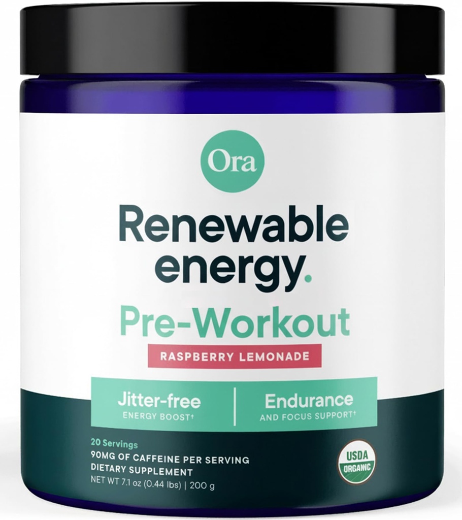 Ora Organic Pre Antrenament Pulbere - Aroma de zmeură Lemonade- Oferă Jitter gratuit energie, Focus, Hidratare, & Perseverență - Vegan, Certified Organic, Soy, lactate, & Gluten gratuit, 20 Serviri