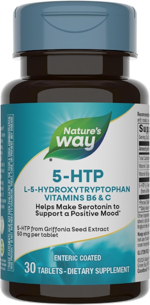 Natura's Way 5-HTP, L-5-Hidroxitriptofan, ajută face serotonina pentru a promova un Outlook pozitiv*, vitamina B6, vitamina C, extract Griffonia Bean, 30 comprimate (Packaging May Vary)