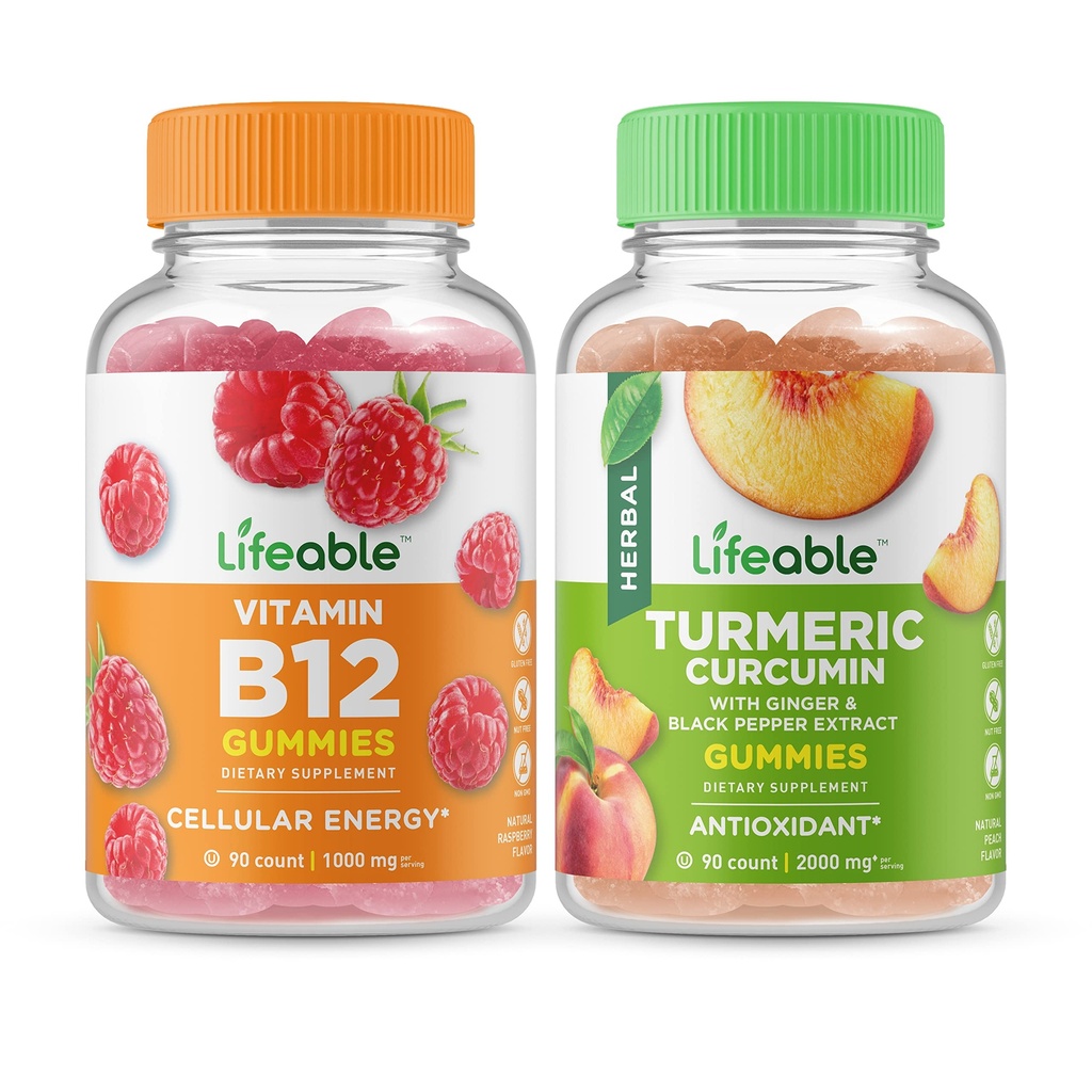 Vitamina viata B12 + Curcumina turmerica, Gummie Bundle - mare Tasting, Supliment de vitamine, Gluten gratuit, OMG-uri gratuit, Mestecabil