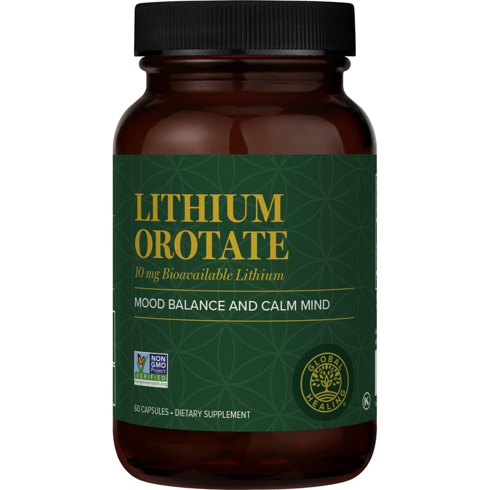 Global Healing Center - Litiu Orotate 10mg - Non-GMO, Gluten Free, Vegan Friendly Brain Health Litiu suplimentar pentru susţinerea dispoziţiei, funcţiei şi clarităţii (60 capsule)
