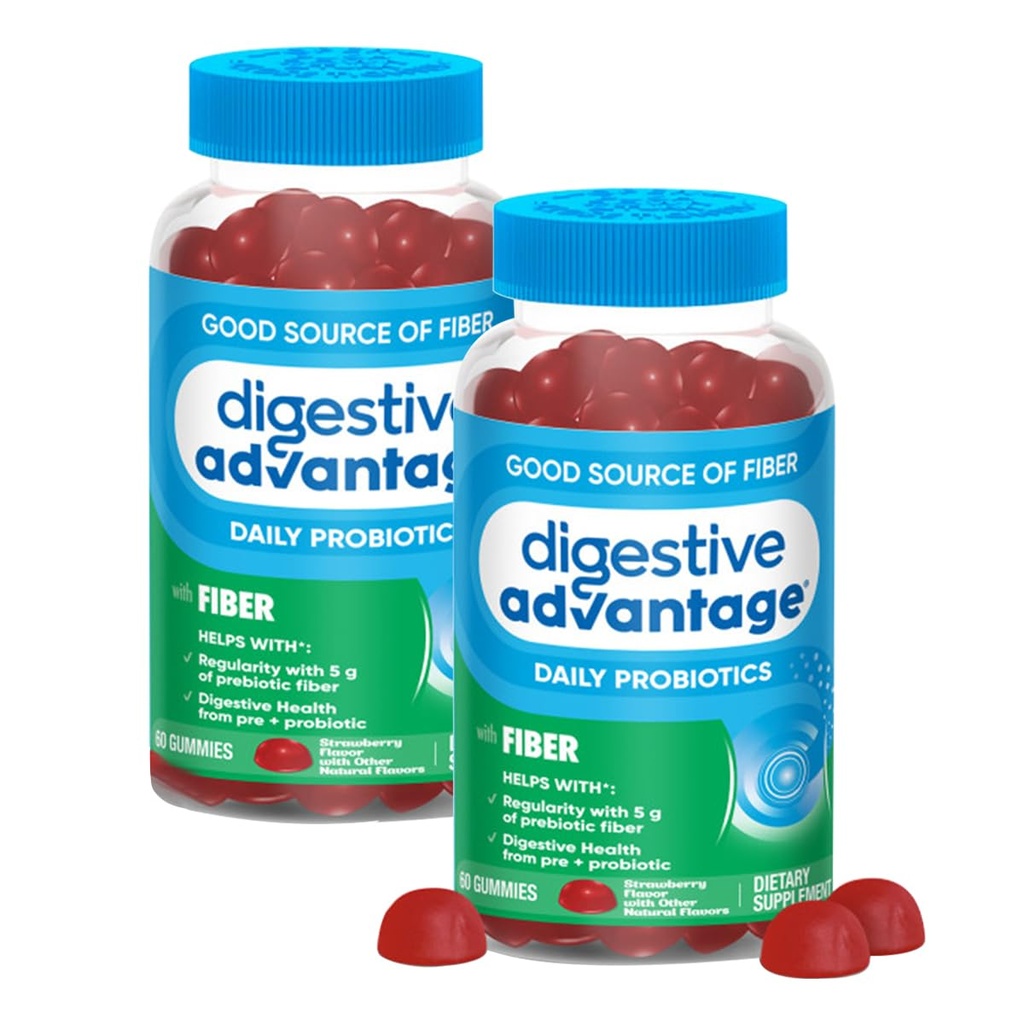 Digestive Avantaj Prebiotic Fibră Supliment de aromă de căpșuni Gume cu probiotice pentru femei și bărbați Sănătate digestivă, Adulți Regularitate și Sănătate Gut, 60 Conte (2 Pack)