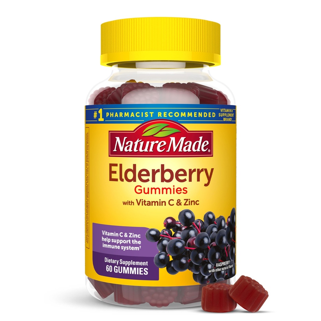 Natura făcut Elderberry cu vitamina C și zinc, Supliment alimentar pentru suport imunitar, 60 de gume de soc, 30 de zile de aprovizionare