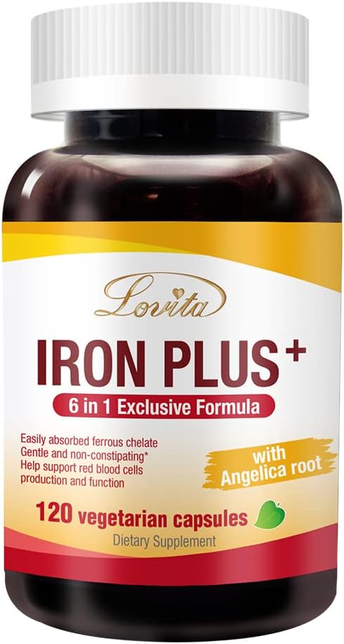 Lovita Iron 18 mg, 6 în 1 Supliment de fier pentru femei, Vitamina C, Dong Quai & B12, Vitamina Vegană pentru a sprijini producția de celule roșii din sânge fără constipație, 120 capsule