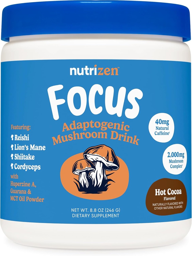 Nutricost Nutrizen AM Focus Adaptogene Mushroom Drink (Hot Cocoa Flavored) 30 Serviri - Include Reishi, Lion's Mane, Shiitake, Cordyceps
