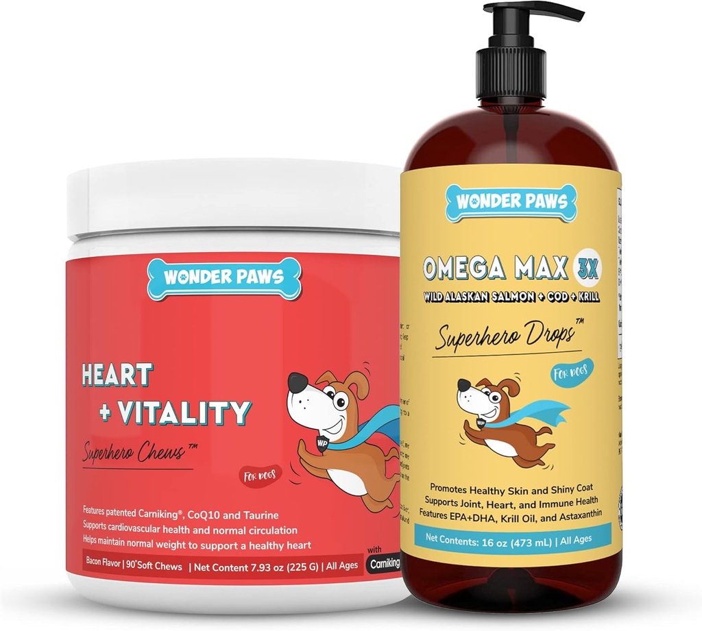 Wonder PAWS Heart + Vitality Superhero Chews Plus Omega Max Fish Oil - pentru câini Heart Health, Skin and Joint Care & Immune Support - Heart + Vitality 90 Chews - Omega Max 16 Ounces