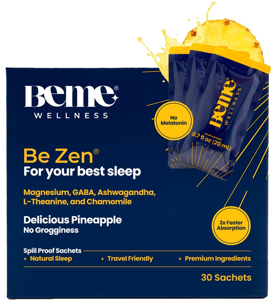 BeMe BeZen Sleep Supplement Natural Without Melatonin - 2X Absorbtion Than Pills - Sleep Adids for Adulți cu Magneziu, Ashwagandha, Mușețel, L-Theanină & GABA - Ananas delicios