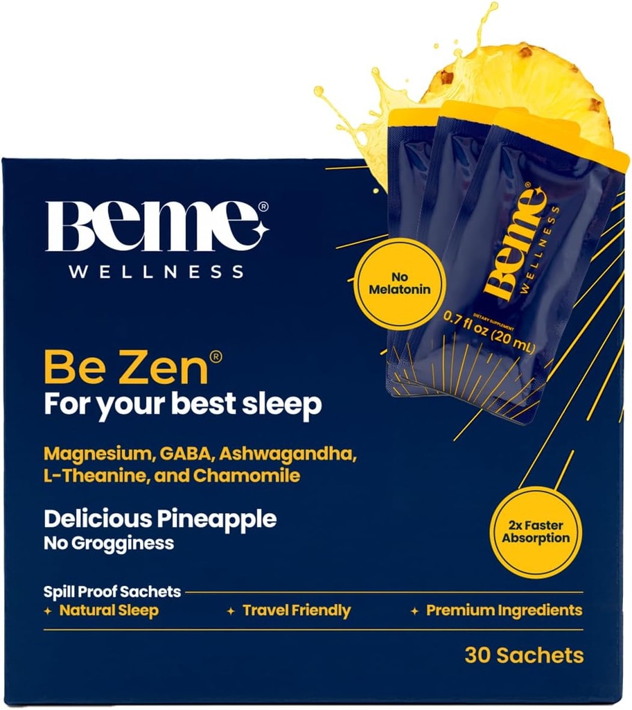 BeMe BeZen Sleep Supplement Natural Without Melatonin - 2X Absorbtion Than Pills - Sleep Adids for Adulți cu Magneziu, Ashwagandha, Mușețel, L-Theanină & GABA - Ananas delicios