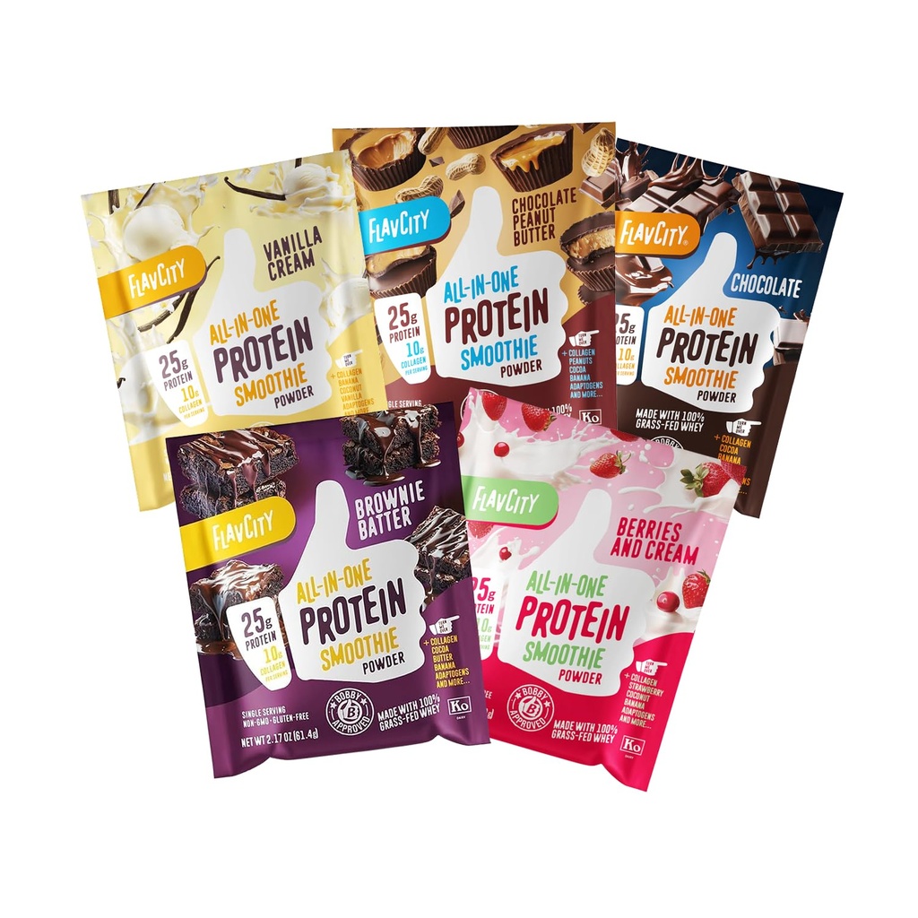 FlavCity All in One Proteine Shake Powder Packets - On the Go Meal Alternative + 25g Proteine & 10g Colagen, Made with Organic Reishi & Cordyceps Ciuperci - No Added Sugars, Variety 10 Pack