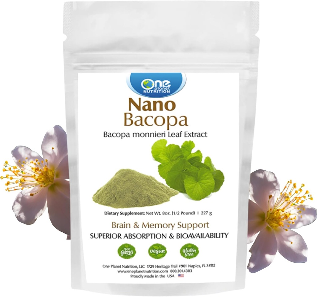 O planeta Nutritie Nano Bacopa Pulbere 8 oz (227 Serviri), Bacopa monnieri Extract, Nano pentru Easy Absorbtion, Îmbunătățește memorie & Focus, Excipient-Free, Non-GMO, Vegan, Gluten-Free