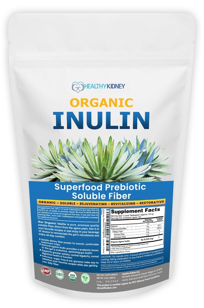 Inulină organică pulbere (48oz/3 lbs) Gentle Agave Prebiotic Soluble Fiber Supliment pentru suport digestiv, Gut Health, Vegan coace, Smoothies & Băuturi