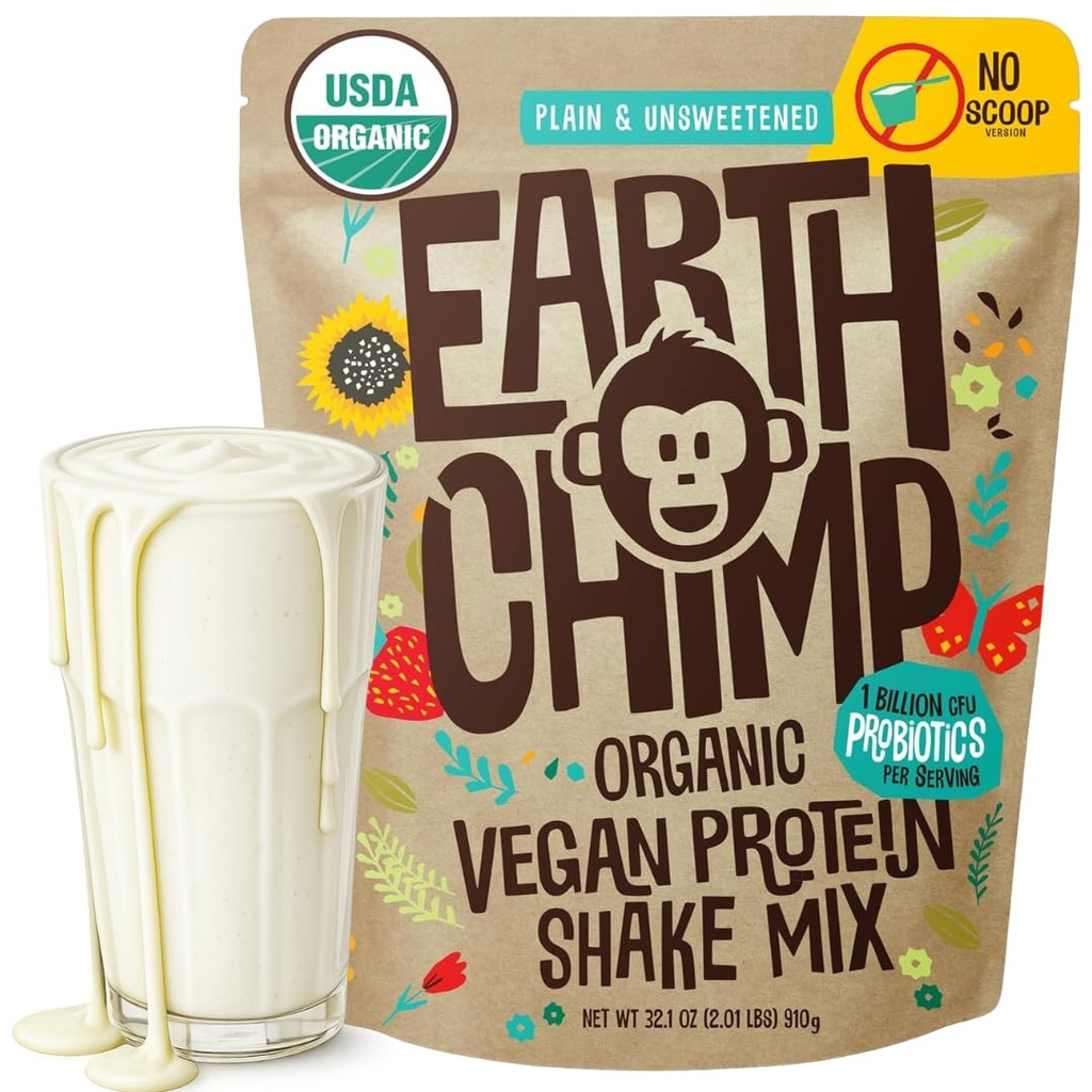 EarthChimp Organic Vegan Proteine pulbere - cu Probiotice - non OMG-uri, lactate gratuit, non-Whey, Pe bază de plante proteine pulbere pentru femei și bărbați, Gluten gratuit - 26 Serviri 32 Oz (Plain & Neîndulcit) nr Scoop