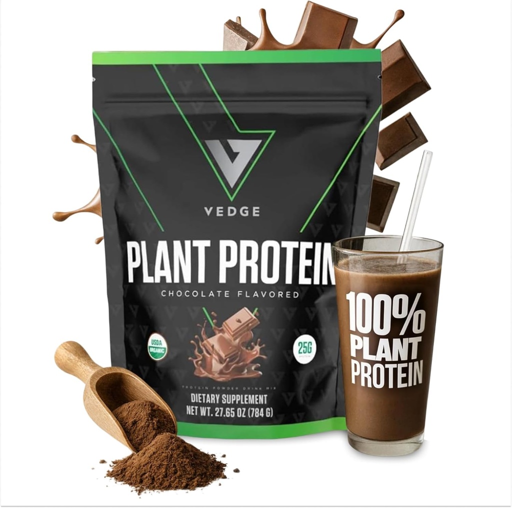 Vedge Vegan praf de proteine - Pudră de proteine vegetale cu mazăre, dovleac și floarea-soarelui - USDA Organic, Amino Acids, Dairy Free, Gluten Free, Soy Free, Keto, Non OMG, Texture netedă - Ciocolată - 20 Servings