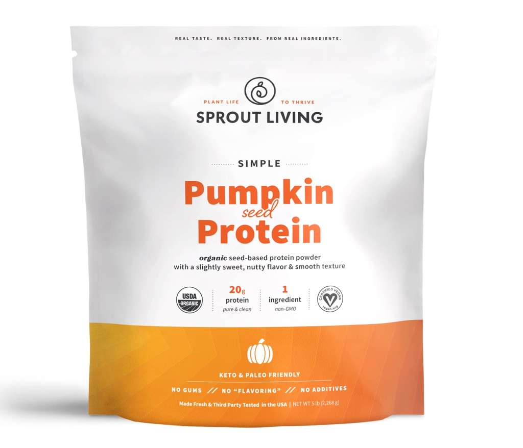 Sprout Living Simple Pumpkin Seed Proteine Powder, 20 Grams Organic Plant Pe bază de praf de proteine fără îndulcitori artificiale, non-GMO, Vegan, Gluten gratuit, Keto Drink Mix (5 Lire)